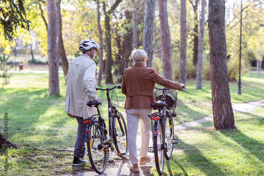 Obraz premium Senior couple with bycicles and helmets in park