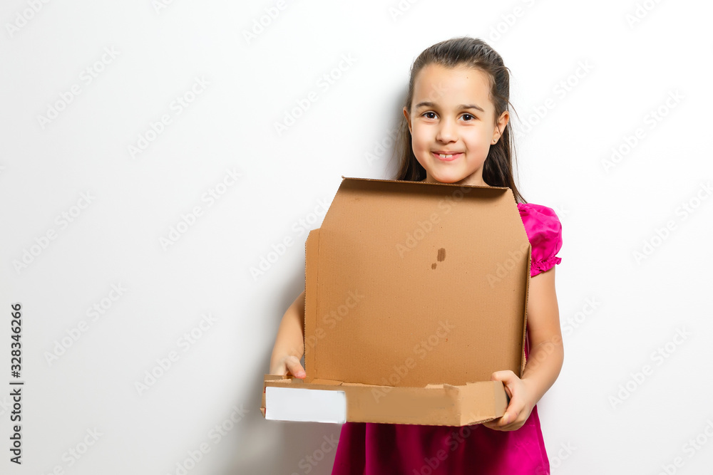 happy little girl with pizza in a paper box happy little girl with pizza in a paper box
