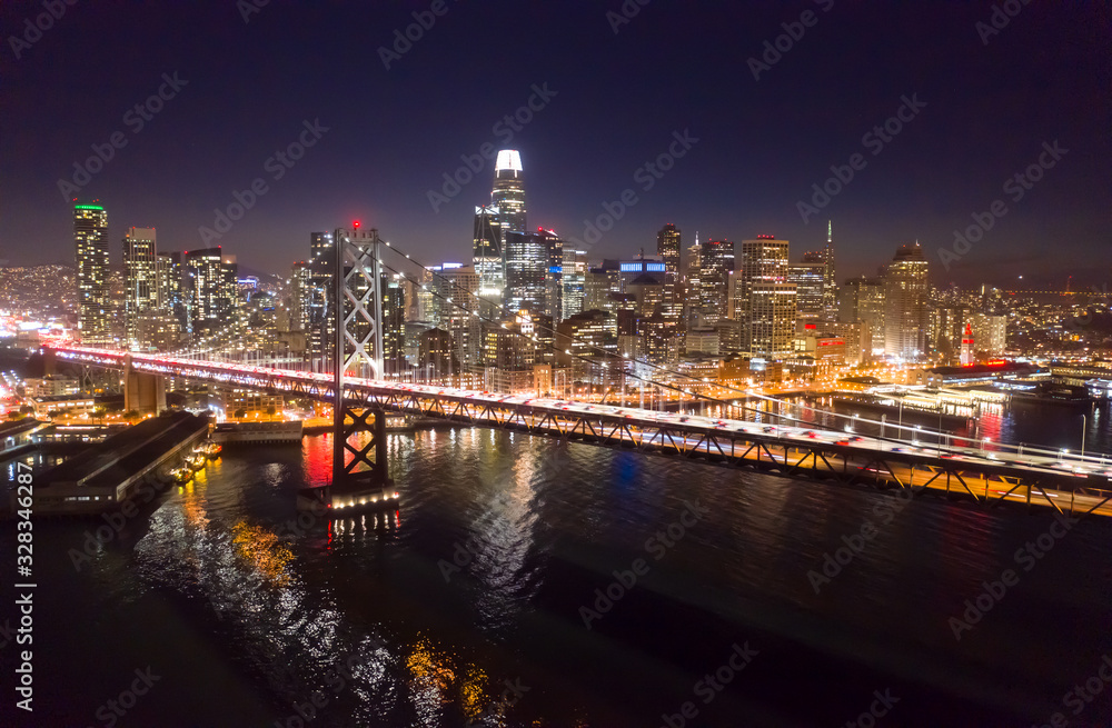 San Francisco downtown buildings skyline night bay bridge