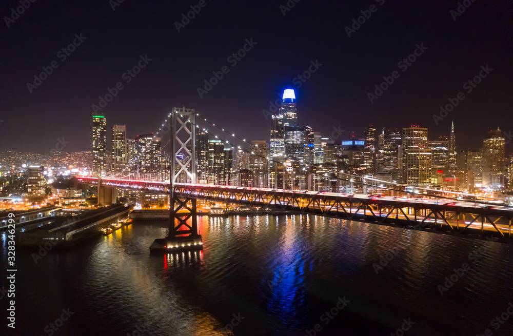 San Francisco downtown buildings skyline night bay bridge