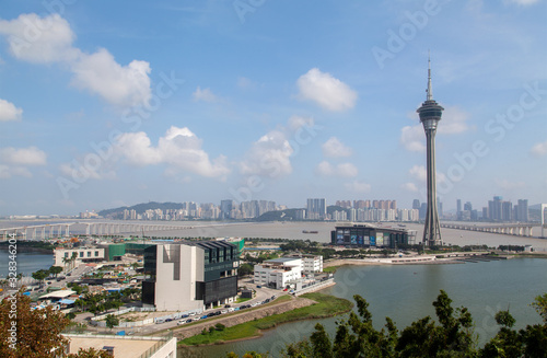 Macau Tower with antenna against Chinese buildings 
