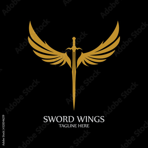 Sword with Wings. Golden Sword Symbol on Black Background.