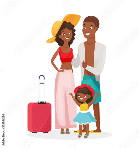 Vector illustration of afican american family on white background. Vacation, summertime, recreation, tropical country visiting. Parents and daughter, kid, couple, smiling people, family resting