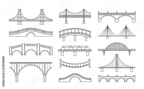 Fototapeta Naklejka Na Ścianę i Meble -  Vector illustration set of bridges icons. Types of bridges. Linear style icon collection of different bridges. Possible use in infographic design, urbanistic concept elements.