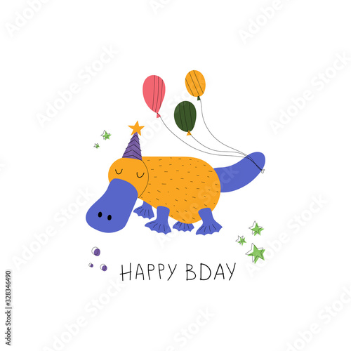 Hand drawn colorful kids birthday greeting card template. Cute platypus with balloons and text Happy Bday. Flat vector illustration