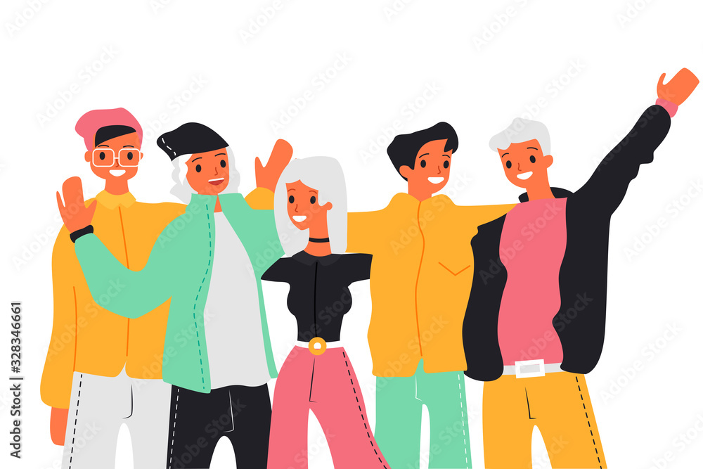 Obraz premium Vector cartoon illustration of happy friends smiling and posing for Photo. Young friends, boys and girls hugging. Friendship concept.