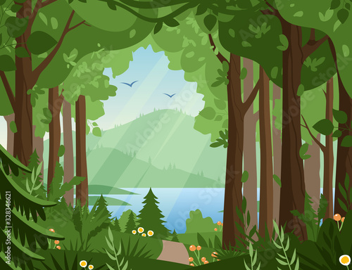 Forest vector landscape flat vector illustration. Woodland scenery, wildlife panorama, lake and mountains, hilly terrain scene. Nature, summertime, rural landscape, green valley panoramic view.