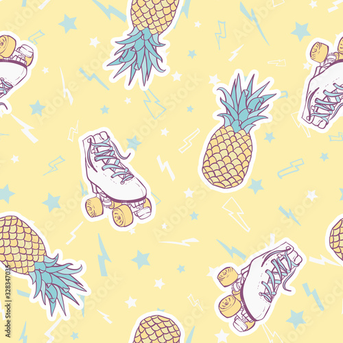 Vector Summer Roller Skates with Pineapples on Sunny Yellow seamless pattern background.