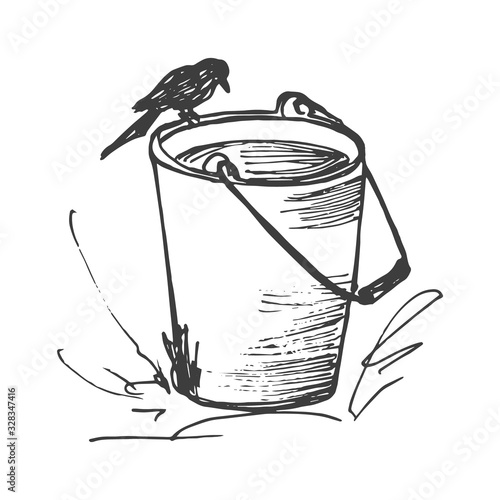 Home gardening doodle elements. Bucket of water with bird on its top