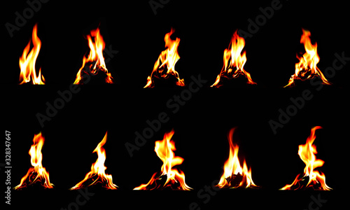 10 beautiful flame images set on a black background Different forms of natural heat energy