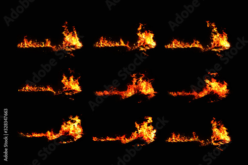 Set of 9 flame images, set on a black background. Thermal power