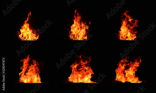 The set of 6 thermal energy flames image set on a black background. Yellow red heat energy