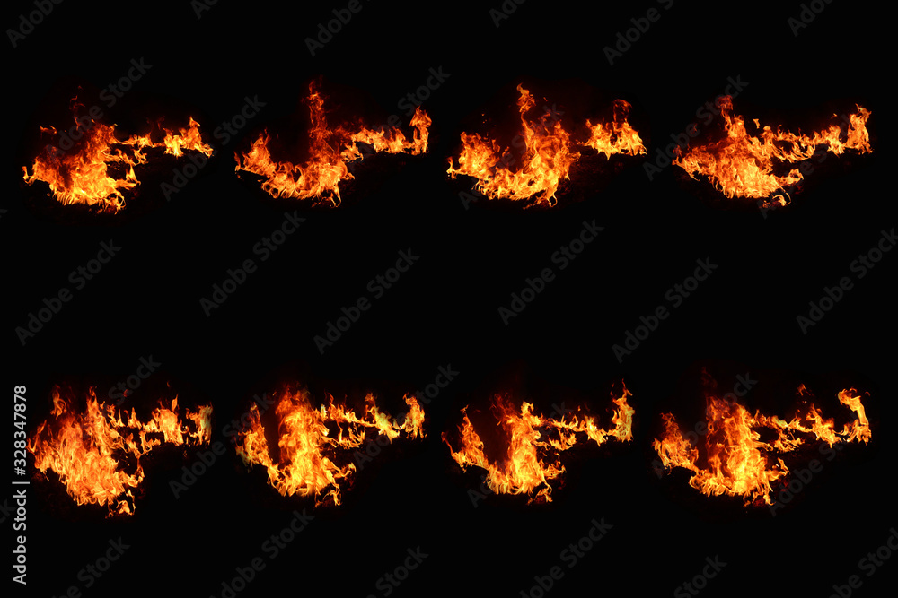 Fire set, 8 pictures, beautiful flame, yellow-red flame Heat energy on a black background Fire set, 8 pictures, beautiful flame, yellow-red flame Heat energy on a black background