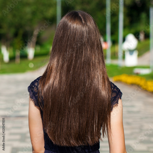 Close up Female brunette hair, rear view, summer park