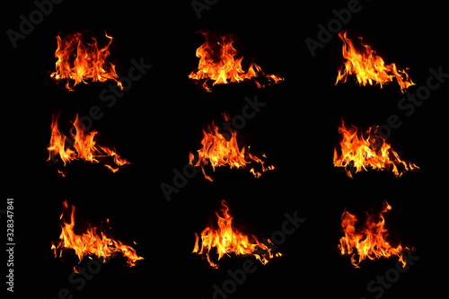 Set of 9 flame images on a black background Fire heat energy