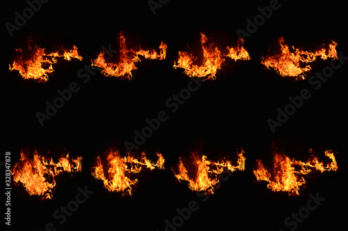 Fire set, 8 pictures, beautiful flame, yellow-red flame Heat energy on a black background