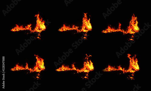 Fire set, 6 pictures, beautiful flame, yellow-red flame Heat energy on a black background