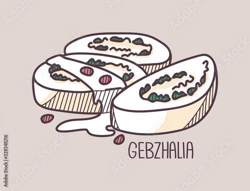 Hand drawn vector illustration of Gebzhalia. Doodle colored on pale background with hand written title of the dish.
