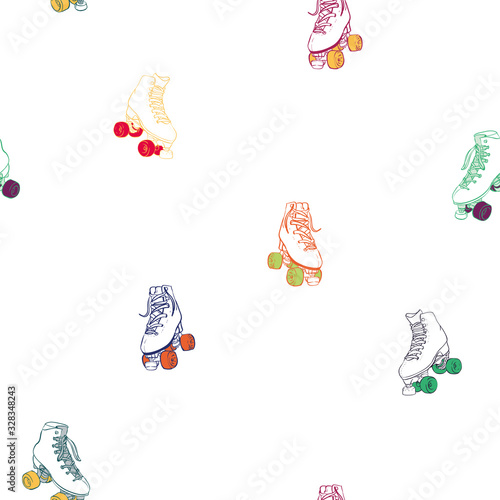 Vector Fun Rainbow Colors Roller Skates on White seamless pattern background.