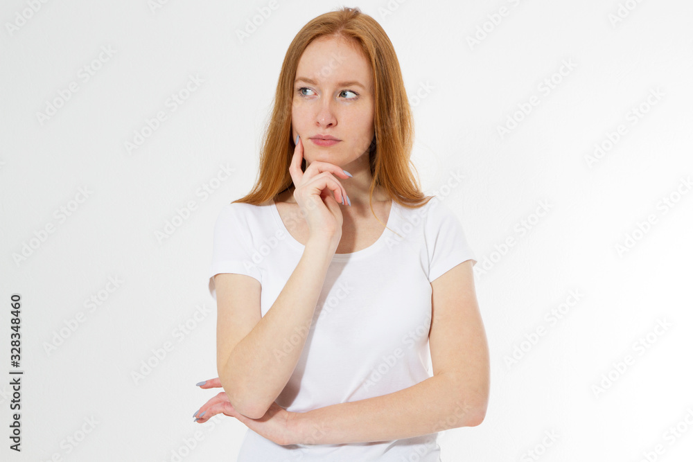 Thinking red head woman looking up, Asian white girl thinking in looking pensive in casual clothes isolated on white background. Thinking red head woman looking up, Asian white girl thinking in looking pensive in casual clothes isolated on white background.