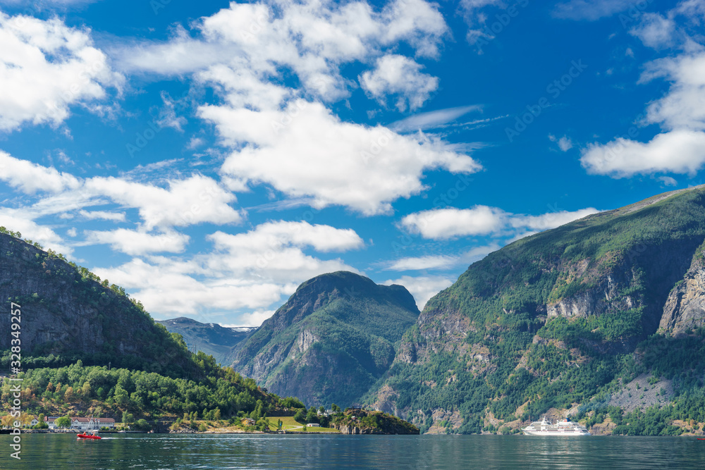 Breathtaking view of Sunnylvsfjorden fjord and cruise ship. western Norway
