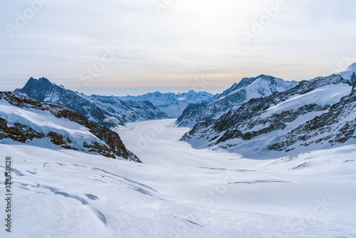 View of snow covered Swiss Alps in the winter from Jungfraujoch (Top of Europe), Grindelwald, Switzerland