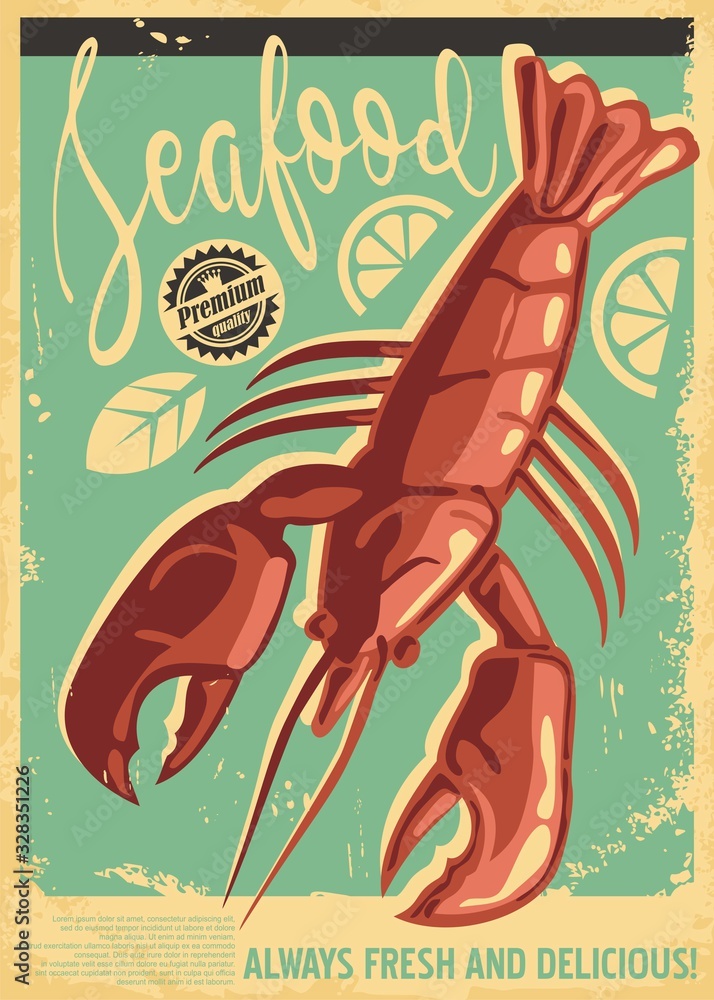 Lobster retro restaurant poster design layout. Seafood menu vintage diner Bistro vector image. Stock | Adobe Stock