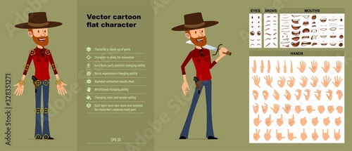 Cartoon funny redhead bearded lumberjack in hat with gun. Ready for animations. Face expressions, eyes, brows, mouth and hands easy to edit. Isolated on green background. Big vector icon set.