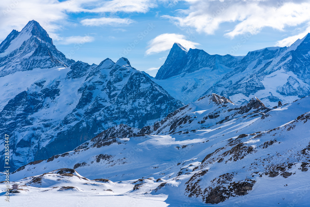 Obraz premium Winter landscape with snow covered peaks seen from the First mountain in Swiss Alps in Grindelwald ski resort, Switzerland