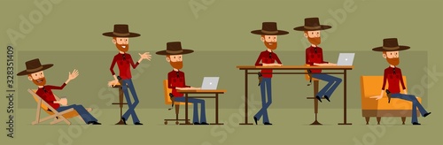 Cartoon cute funny redhead bearded lumberjack in hat with gun. Cowboy working on laptop and resting with coffee on sofa. Ready for animations. Isolated on green background. Big vector icon set.
