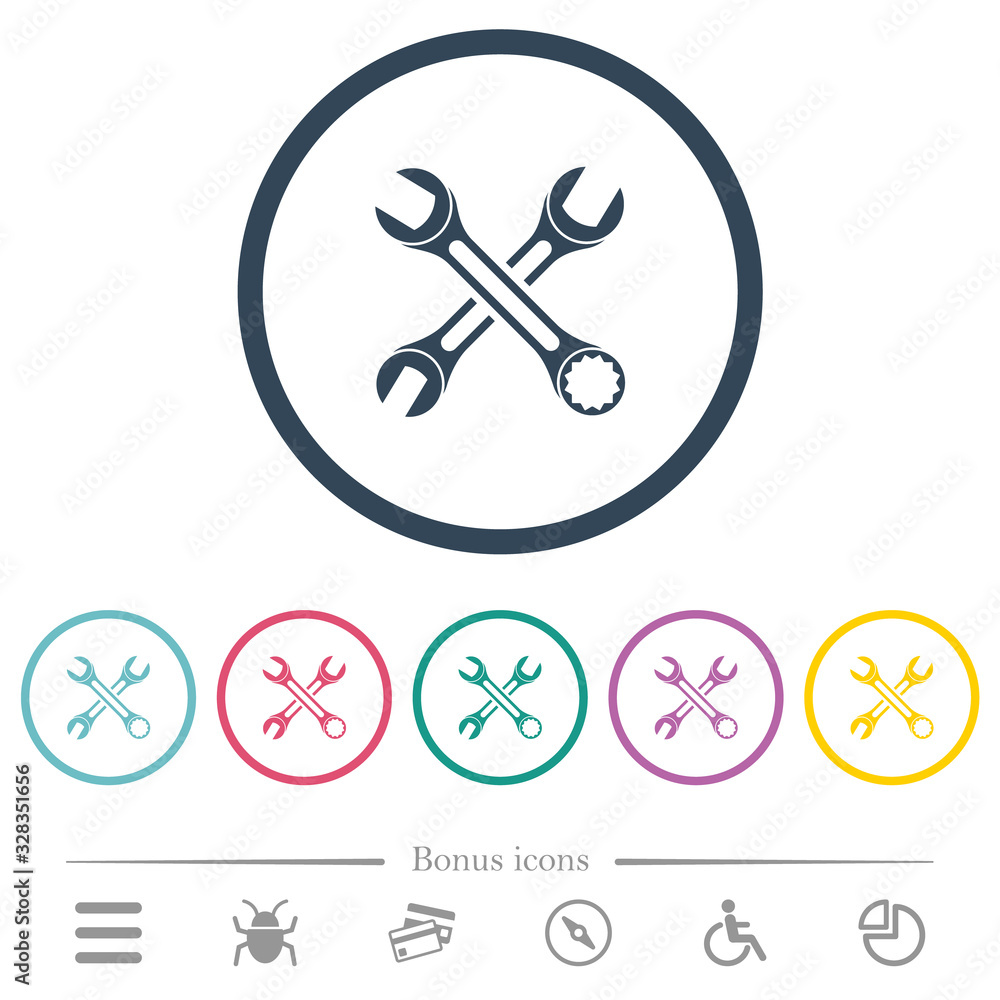 Two wrenches flat color icons in round outlines Two wrenches flat color icons in round outlines