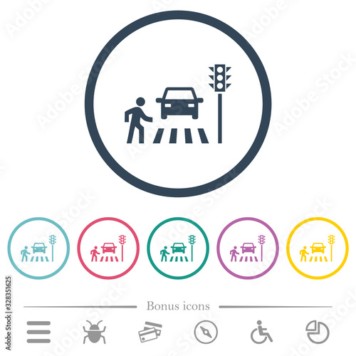 Pedestrian crossing flat color icons in round outlines