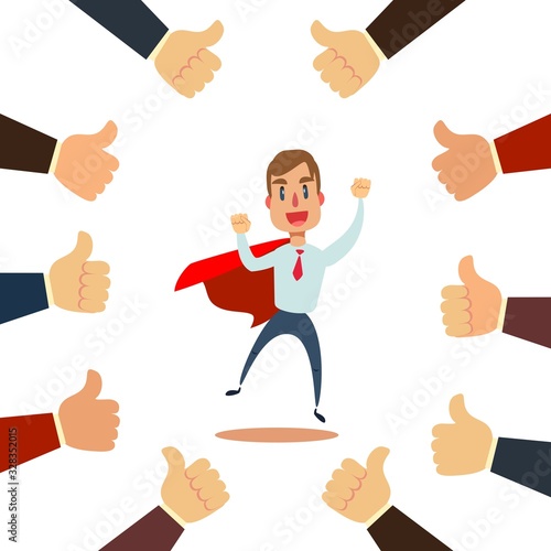 Happy and proud businessman with many thumbs up hands around him. Business compliment concept. Vector illustration