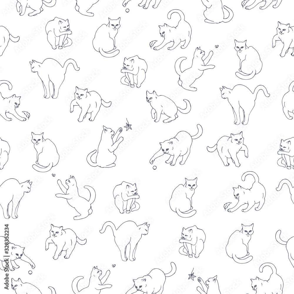 Seamless pattern based on hand drawn playful cats. Seamless pattern based on hand drawn playful cats.