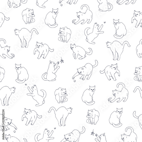 Seamless pattern based on hand drawn playful cats.