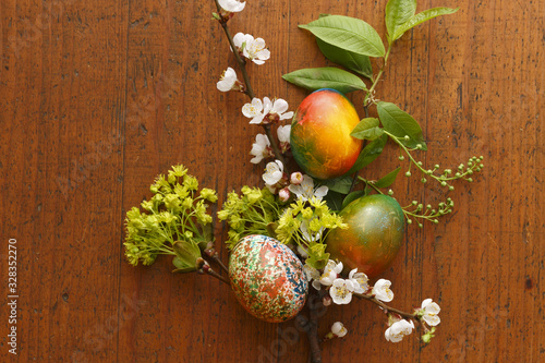 Easter compositions with painted beautiful eggs.