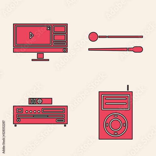 Set Music MP3 player, Video recorder or editor software on monitor, Drum sticks and Music CD player icon. Vector