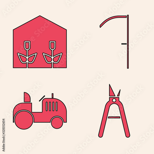 Set Gardening handmade scissors, Home greenhouse and plants, Scythe and Tractor icon. Vector