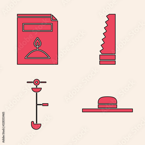 Set Worker hat, A pack full of seeds of a specific plant, Garden saw and Grass and weed electric string trimmer icon. Vector