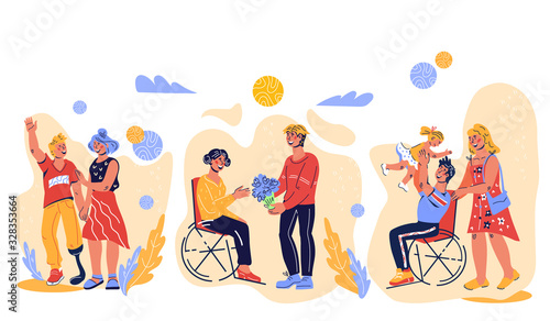 Banner for World Disability Day with disabled people in wheelchairs, leading active lifestyle, dating and meeting. Persons with reduced mobility and physical disabilities. Vector cartoon illustration. photo