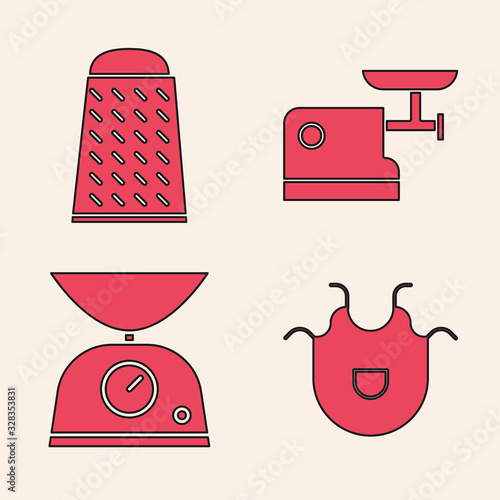 Set Kitchen apron, Grater, Kitchen meat grinder and Scales icon. Vector
