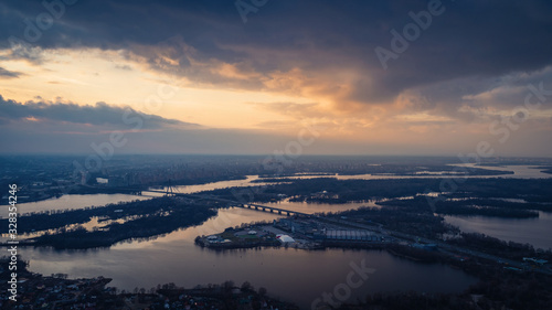 Beautiful panoramic aerial view of the Dnieper River and the North Bridge or Moscow Bridge from the left bank.