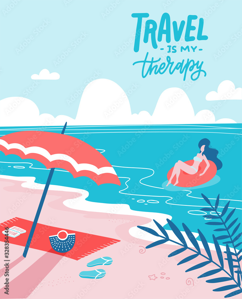 Young woman on beautiful palm beach on swim rubber ring. Sandy beach with an umbrella and a spread towel. Summer holiday flat vector illustration with lettering Travel is my therapy Young woman on beautiful palm beach on swim rubber ring. Sandy beach with an umbrella and a spread towel. Summer holiday flat vector illustration with lettering Travel is my therapy