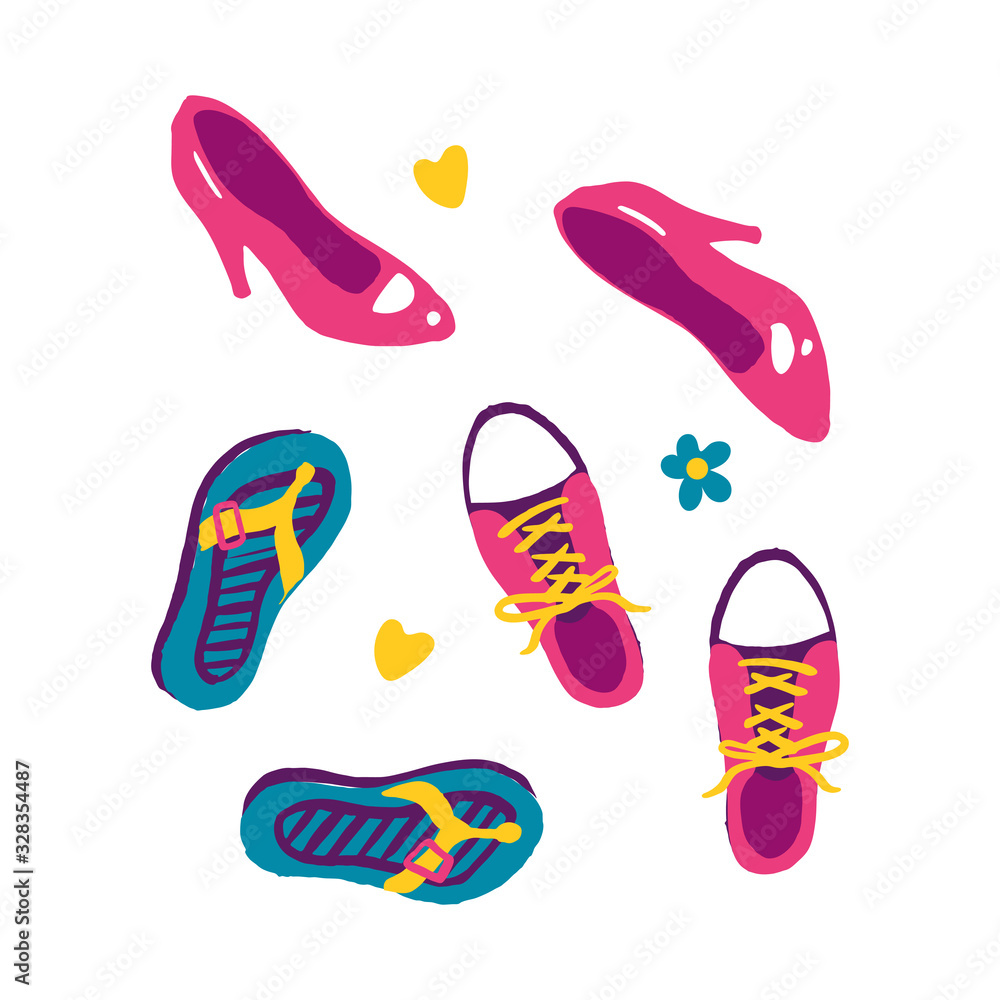 Set of pairs of women's shoes for the holidays, cute cartoon style. Travel summer thing, colorful illustration accessory, isolated Set of pairs of women's shoes for the holidays, cute cartoon style. Travel summer thing, colorful illustration accessory, isolated