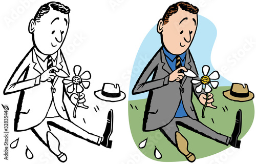 A cartoon of a man playing "she loves me, she loves me not" by picking flower petals. 