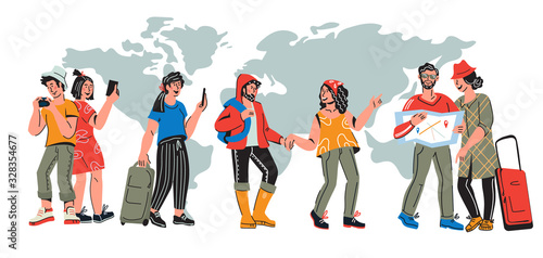 International tourism banner with travelers. Characters of young people traveling around the world at map background. Vacation tour and journey concept. Flat cartoon vector illustration.