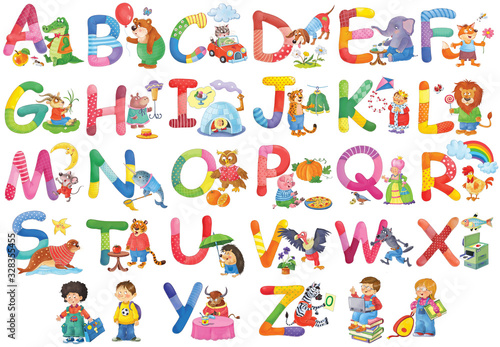English alphabet in pictures. Coloring page. Funny animals. Cute cartoon characters. Illustration for children