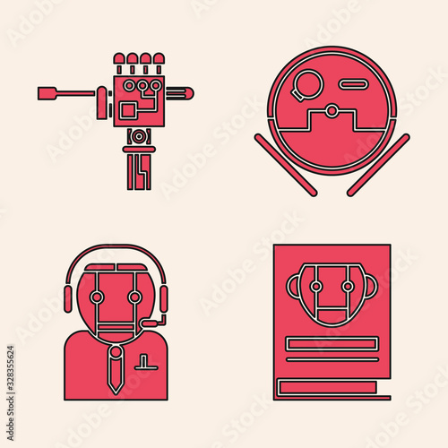 Set User manual, Mechanical robot hand and screwdriver, Robot vacuum cleaner and Worker robot icon. Vector