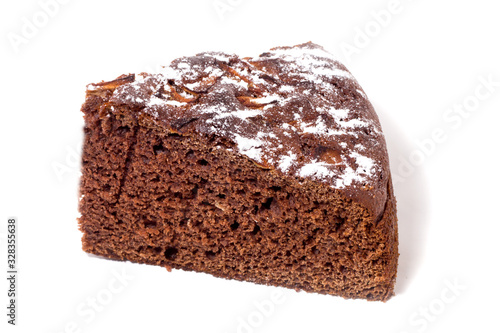 chocolate cake with powdered sugar, isolate