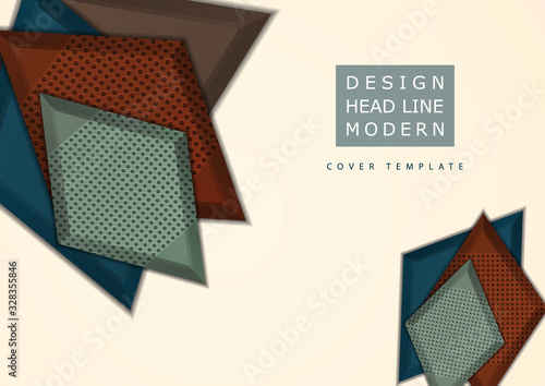 Colored bright rhombs with decorative perforation elements on a beige background. Abstract modern geometric design. Hi-tech template for web page, banners, covers, fabric.